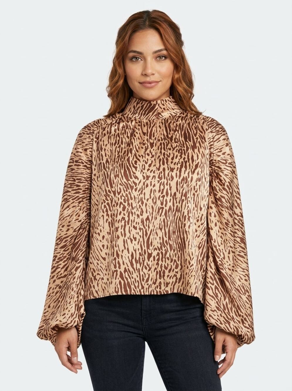 Gracia Animal Print Satin Draped Balloon Sleeve Blouse Women Size L